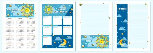 Kreslené slunce, měsíc. Kalendář plánování2022. Vektorová kreslená postava pro plánování dětí. — Stockový vektor