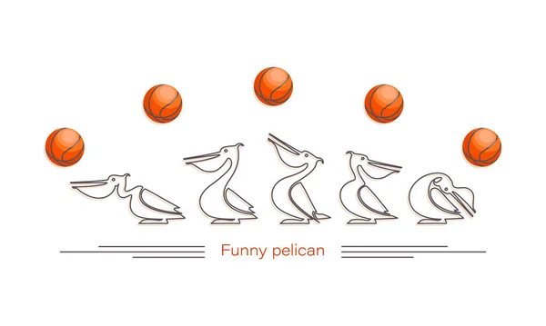 Baloncesto. Pelícano lineal divertido. Carácter aislado vectorial. Pájaro de dibujos animados atrapa una pelota de baloncesto. — Vector de stock