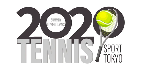 Tennis 2020. Summer games. Sports emblem. Large capital letters, ball and racket. — Stock Vector