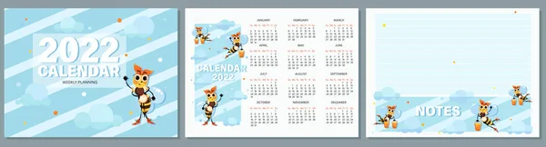 Kalendarz pszczół 2022. Zestaw stron do kalendarza, zeszyt dla dzieci, organizator z uroczymi pszczołami. — Wektor stockowy