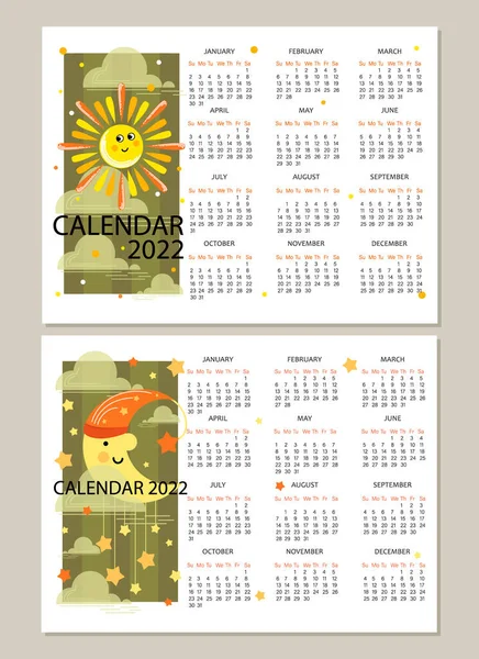 太陽。月だ。2022年カレンダー。プランナーノートブック、ビジネスプロジェクトのベクトルカレンダーテンプレート. — ストックベクタ