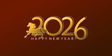 2026 yılı. - Mutlu yıllar. At Yılı. Çin takvimi. Tebrik kartı, poster, üzerinde altın numaralar olan pankart ve kırmızı arka planda koşan bir at. Vektör illüstrasyonu