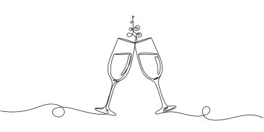 Şampanya kadehi. Devamlı doğrusal şarap kadehleri tokuşturur. Düğün partisi şerefe. Minimalist yeni yıl kutlaması Düzenlenebilir vuruş.