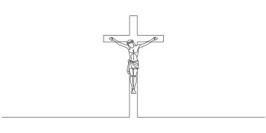 İsa Mesih 'in aralıksız sanat eseri. İsa 'nın çarmıha gerildiği bir çizgi. İsa 'nın çarmıha gerilme sanatı. Vektör çizimi. Düzenlenebilir vuruş.
