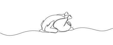 Türkiye ya da tavuk bir sıra sanat, kızarmış kümes hayvanları sürekli çizim, el çizimi Şükran Günü geleneksel yemekler, sıcak çanak tasarım dekorasyonu. Düzenlenebilir vuruş