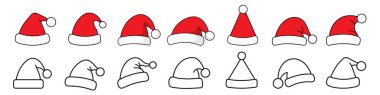 Santa Hat Vektör İllüstrasyonu seti. Noel Baba Şapkası. Mutlu noeller. Santa Hat Taslak ve Renk Simgesi