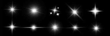 Parlayan ışık parıldıyor. Parıltı efekti ayarlandı, lens parlaması, patlama, parıltı, çizgi, güneş ışığı, kıvılcım ve yıldız. Işık ve beyaz yıldızların soyut görüntüsü. Vektör illüstrasyonu.