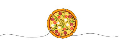 Bir satır çizim ya da pepperonili ve mantarlı bir dilim pizzanın çizimi, lezzetli dilimlenmiş peynirli pizza tasarımı çizimi düzenlenebilir çizim çizimi.