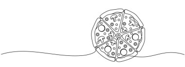 Bir satır çizim ya da pepperonili ve mantarlı bir dilim pizzanın çizimi, lezzetli dilimlenmiş peynirli pizza tasarımı çizimi düzenlenebilir çizim çizimi.