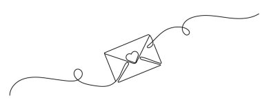 Sürekli kalpten bir zarf çizimi. Aşk kartları ve davetiyeler için şablon. Aşk mektubu. Vektör çizimi. Düzenlenebilir vuruş.