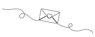 Sürekli kalpten bir zarf çizimi. Aşk kartları ve davetiyeler için şablon. Aşk mektubu. Vektör çizimi. Düzenlenebilir vuruş.