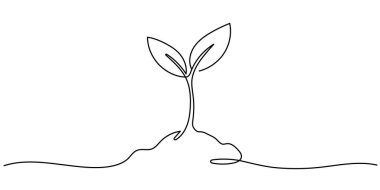 Filizlenmeye devam eden tek bir çizgi, toprakta filizlenen tohumlar. Büyüme, filizlenme, bahçıvanlık konsepti. Bitki büyüme süreci Vektör çizimi. Düzenlenebilir vuruş.