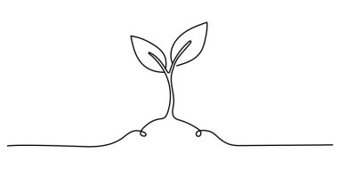 Filizlenmeye devam eden tek bir çizgi, toprakta filizlenen tohumlar. Büyüme, filizlenme, bahçıvanlık konsepti. Bitki büyüme süreci Vektör çizimi. Düzenlenebilir vuruş.