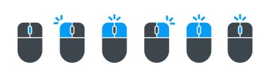 Fare Sol ve Sağ tıklama simgesi. Bilgisayar faresi seti. Fare tekerleği kaydırma ikonu vektörü. Fare tıklama imleci simgesi seti.