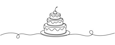 Bir doğum günü pastasının minimalist kesintisiz çizimi. Üzerinde siyah beyaz şekerleme damlaları var. Düzenlenebilir vuruş..