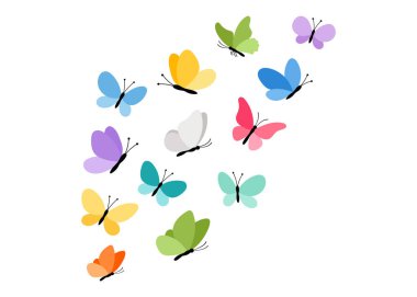 Çeşitli poziyonlarda ve pozisyonlarda uçan kelebek koleksiyonu.