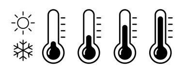 Isı ve soğuk ile termometre simgesi ayarlandı, Termometre Yüksek Sıcaklık Vektörleri ve Vektör Sanatı.