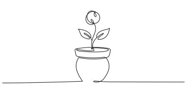 Düzenlenebilir organik ürün ikonu, ev bitkisi ya da çiçek çizimi ile sürekli bir çizgi ile yapılmış saksı çiçeği çizimi.