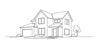 Çizim tarzında modern bir ev. Beyaz arka planda izole edilmiş modern mimari model siyah doğrusal tasarım. Vektör illüstrasyonu Düzenlenebilir vuruş.