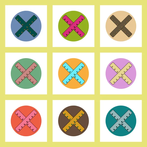 Flache Ikonen setzen auf Schulkonzept auf bunte Kreise mit zwei gekreuzten Linealen — Stockvektor