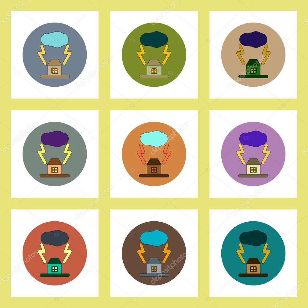 flat icons set of lightning house concept on colorful circles