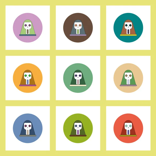 Iconos planos conjunto de Halloween de la máscara facial concepto de cráneo en círculos de colores — Vector de stock