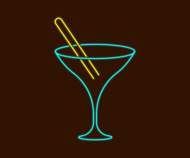 İçinde pipet olan bir martini bardağının neon ışığı. Bardak mavi, kamış sarı.
