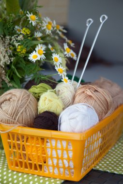 Masanın üzerinde bir sepet içinde toplar ve skeins yalan. 