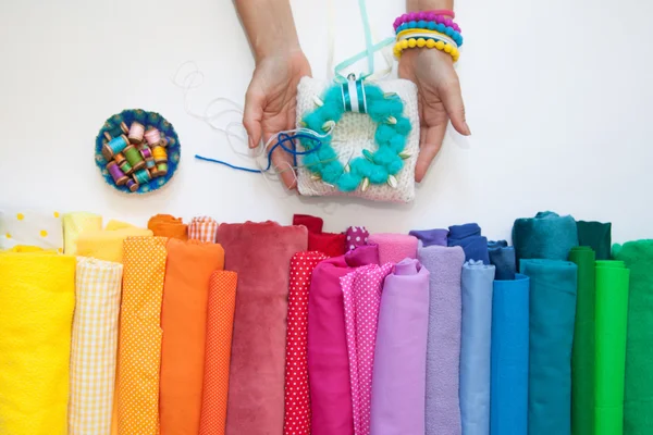 Rolls of bright colored fabric on a white background.vv — Stock Photo, Image