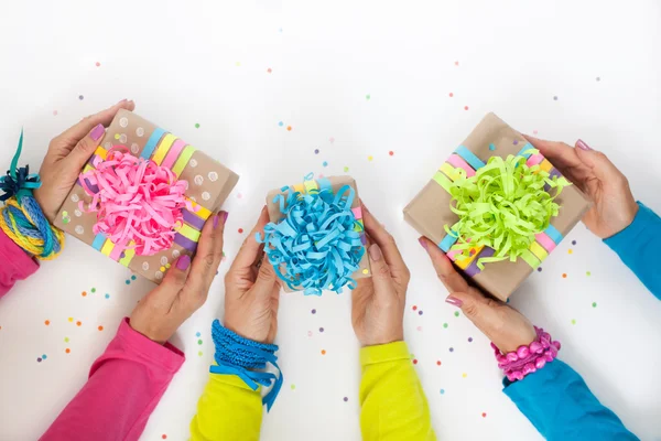 Preparation for the holiday. Gifts wrapped in colorful packaging