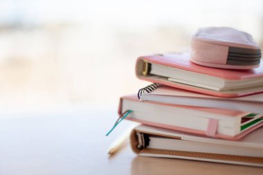 Şık tasarlanmış mercan ve altın kalemli beyaz renkli günlükler. Organize eden ve planlayan insanlar. Günlük seçmek ve sıralamak.
