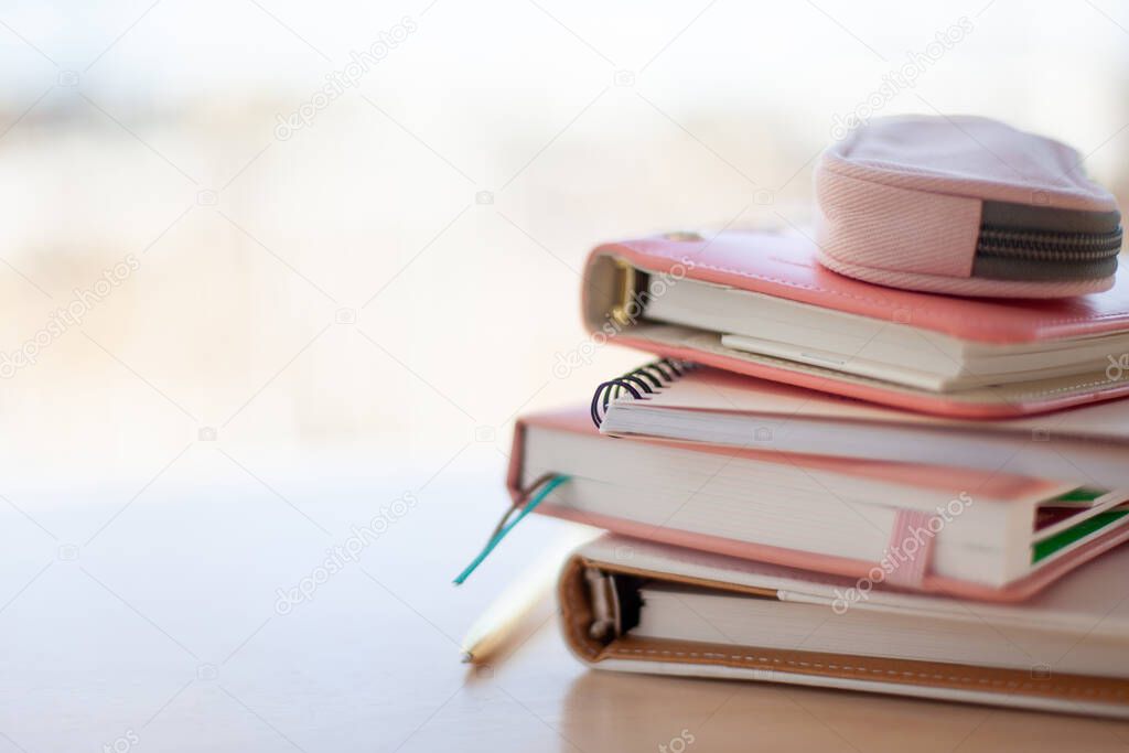 Stylish designed coral and white coloured stack of diaries with gold pen. Organiser and planner addicted people. Choosing and sorting journals.