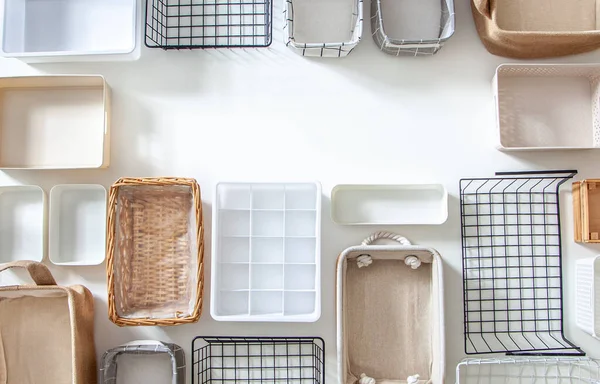 Top View Empty Closet Organization Boxes Steel Wire Baskets Different — Stock Photo, Image