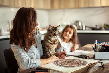 Genç, zayıf ve güzel bir anne güzel bir kızı ve Maine Rakunu kedisi mutfakta resim yapıyor. Dairesel desenli mandala ve zen çizimi. Ev eğlencesi, çizim ve hobiler. Karalama çizimi. Şık mutfak..