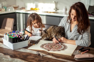 Genç, zayıf ve güzel bir anne güzel bir kızı ve Maine Rakunu kedisi mutfakta resim yapıyor. Dairesel desenli mandala ve zen çizimi. Ev eğlencesi, çizim ve hobiler. Karalama çizimi. Şık mutfak..
