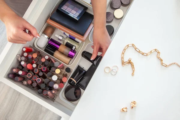Woman Hands Neatly Organizing Makeup Cosmetics Drawer Vanity Dressing Table — Stock Photo, Image