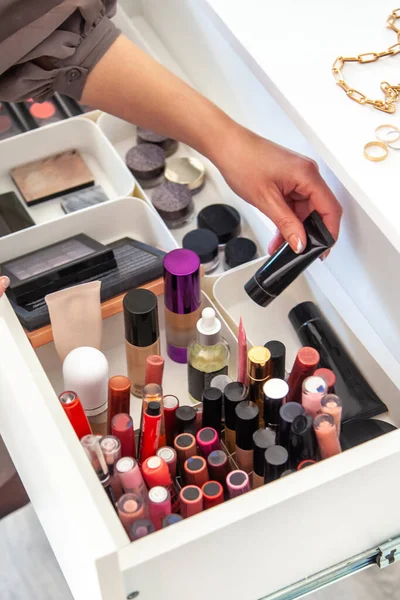 Woman Hands Neatly Organizing Makeup Cosmetics Drawer Vanity Dressing Table — Stock Photo, Image