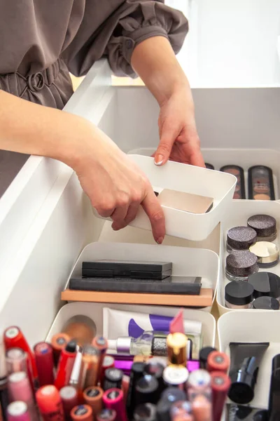 Woman Hands Neatly Organizing Makeup Cosmetics Drawer Vanity Dressing Table — Stock Photo, Image