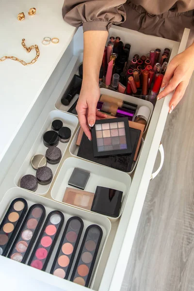 Woman Hands Neatly Organizing Makeup Cosmetics Drawer Vanity Dressing Table — Stock Photo, Image