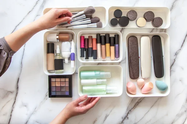 Top View Female Visagiste Neatly Placing Cosmetic Vanity Items Muji — Stock Photo, Image