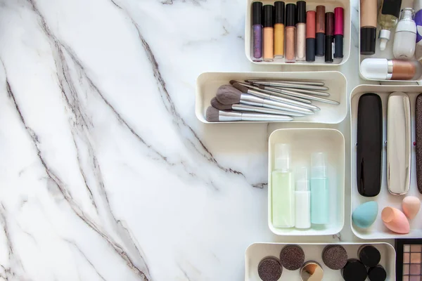 Top View Female Visagiste Neatly Placing Cosmetic Vanity Items Muji — Stock Photo, Image