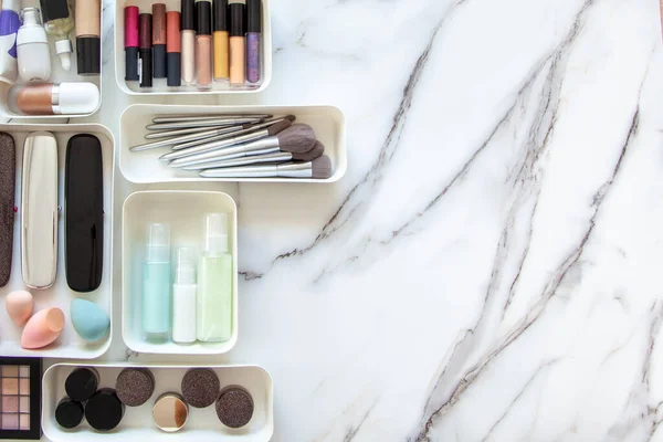 Top View Female Visagiste Neatly Placing Cosmetic Vanity Items Muji — Stock Photo, Image