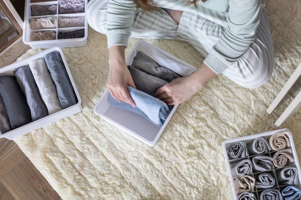 Female Hands Organizing Storage Underwear Socks Shirts Use Marie Kondo — Stock Photo, Image