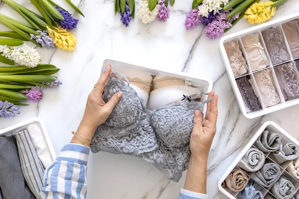 Organização Roupa Interior Armazenamento Composição Elegante Método Marie Kondo Decorado — Fotografia de Stock