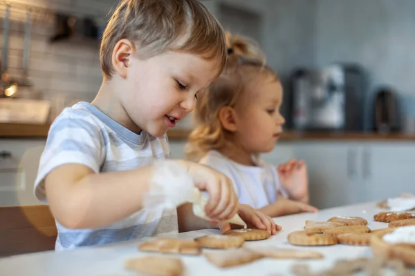 I bambini decorano il pan di zenzero di Natale a casa. Un ragazzo e una ragazza dipingono con cornetti con la glassa di zucchero sui biscotti. Decorazione di anno nuovo, rami di un albero di Natale. — Foto Stock