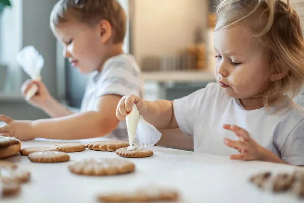 Crianças decorar pão de gengibre de Natal em casa. Um rapaz e uma rapariga pintam com cornetas com cobertura de açúcar em bolachas. Decoração de Ano Novo, ramos de uma árvore de Natal. — Fotografia de Stock