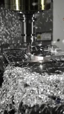 CNC değirmen makinesi, endüstriyel üretim sürecinde metal parçalarını uçan çiplerle ve soğutucu sıvılarıyla kesiyor..