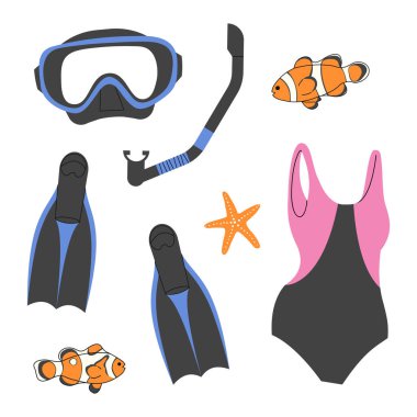 Diving equipment elements set on a White background, vector illustration.