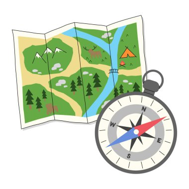 Map and compass on a White background, vector illustration.