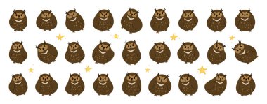 Great horned owl collection cute on a White background, vector illustration.